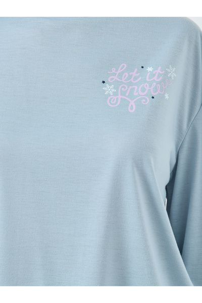 Styli Slogan Long Sleeve T-Shirt and Winter Print Cuffed Pyjama Set