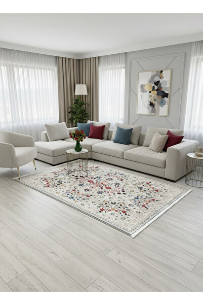 Brillant BEJ Renk Çiçek Desenli Vintage Lateks Taban Halı