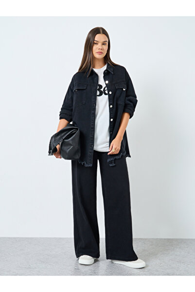 Styli Women Black Plain Oversized Denim Shirt with Pockets