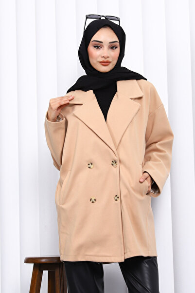 İmajButik Biscuit Double Breasted Collar Lined Pocket Stamp Coat