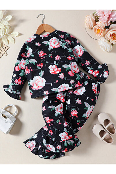 Take Two By Styli Floral Print Ruffle Hem Top with Long Pyjama Set