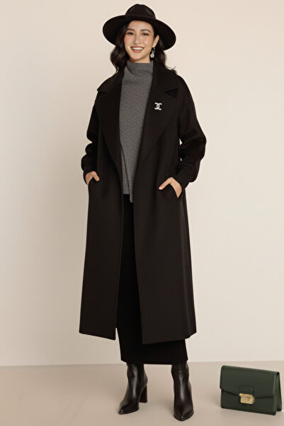 cemo Women's Black Cashmere Long Coat Maxi Length Overcoat Wide Collar Straight Cut Winter