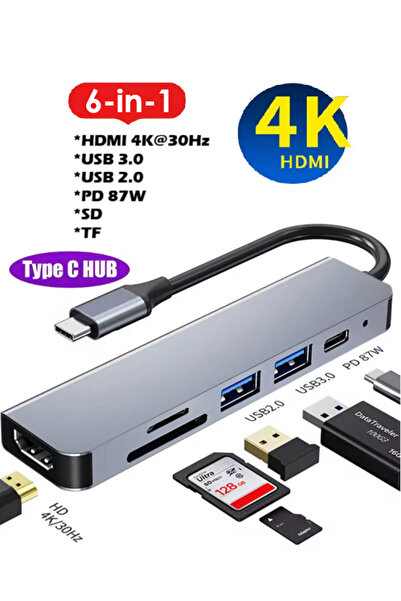 Vwin 6 in 1 Çevirici Çoğaltıcı Type-C Hub PC Tablet Tel 4K HDMI USB 3.0/2.0 S...