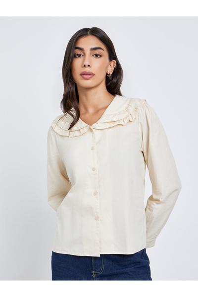 Styli Beige Ruffle Peter Pan Collar Shirt