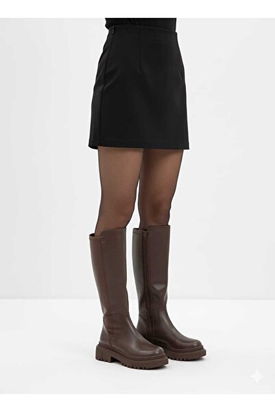 GNY AYAKKABI Women's Thick Sole Dark Brown Color Diver Fabric Boots