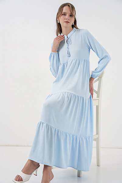 Bigdart T1627 Collar Lace-Up Dress - B.Blue