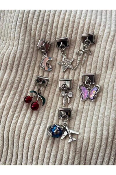 bijoux uniques çelik kurdele&ay&yıldız&kiraz&kelebek&dünya uçak 7 adet italya...