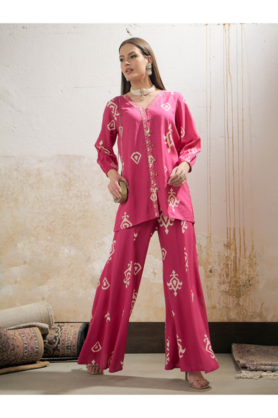 Uptownie By Styli Pink and White Ethnic Rayon Shirt with Palazzos Set
