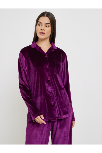 Styli Velvet Button Placket Shirt and Pyjama Set