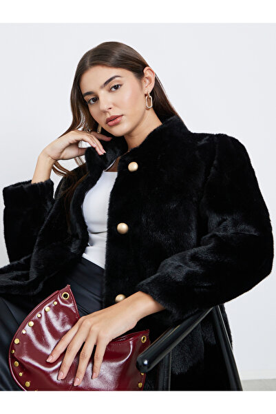 Styli Black Faux Fur Longline Coat