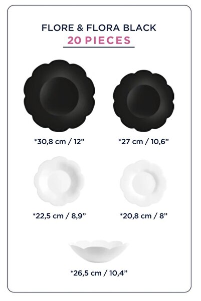AVYRA Luminarc Flore & Flora Dinnerware Set, 20 Pieces, Black and White, Resistant Opal Glass