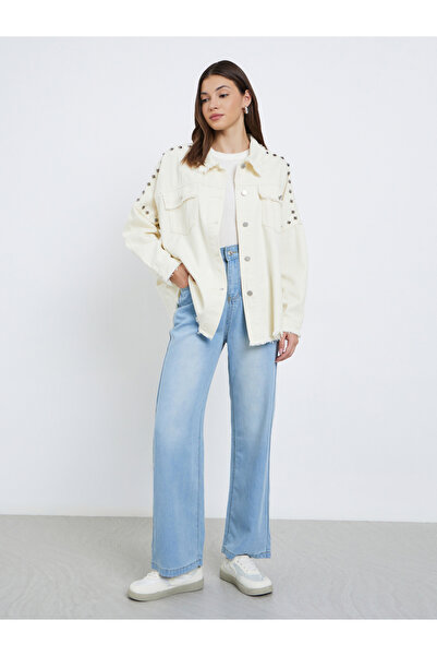 Styli Cream Studded Oversized Denim Shirt with Frayed Edge