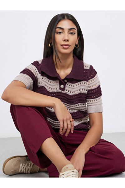 Styli Burgundy Striped Hollow Knit Polo T-Shirt