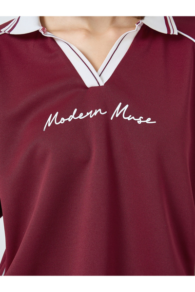 Styli Burgundy Oversized Polo T-Shirt with Stripe Detail