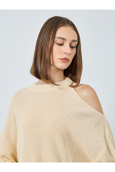 Styli Beige Knitted Cold Shoulder Sweater