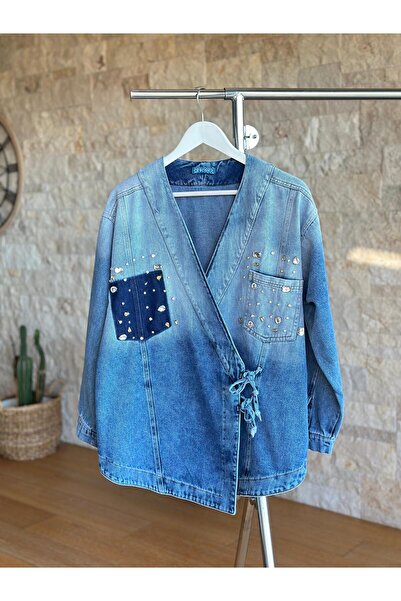 Hatun Atila Hatunatila Front-Tied Denim Jacket with Stone and Pocket Detail 7894