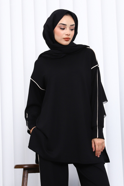 İmajButik Black Piped Modal Suit with Tunic Trousers