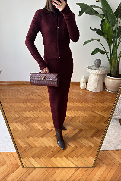 MAGARDE Zippered Skirt Knitwear Set - Burgundy