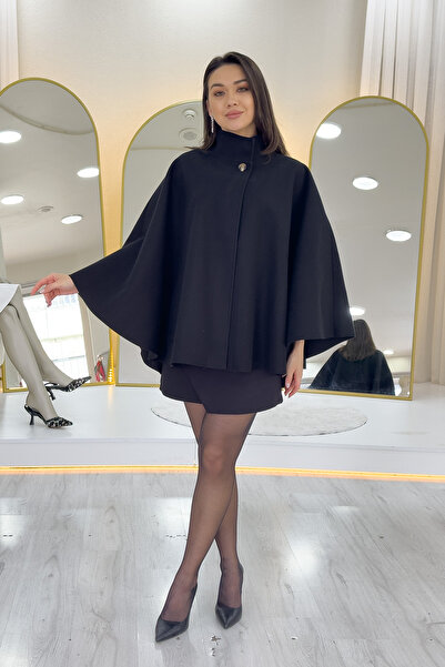 zks grup tekstil Women's Single Button Belted Cashmere Poncho Black, Beige