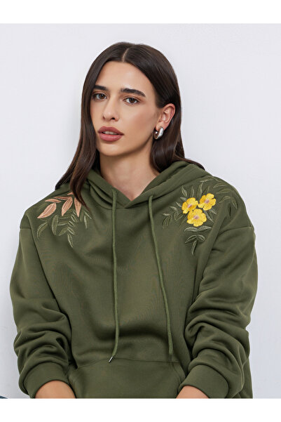 Styli Olive Regular Fit Embroidered Panel Hoodie