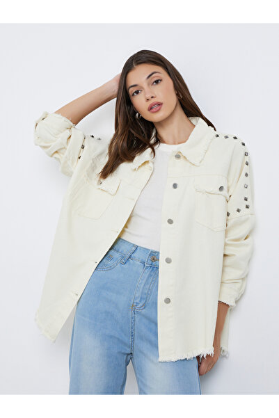 Styli Cream Studded Oversized Denim Shirt with Frayed Edge