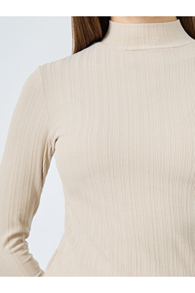 Styli Beige Ribbed Knit Long Sleeve Top