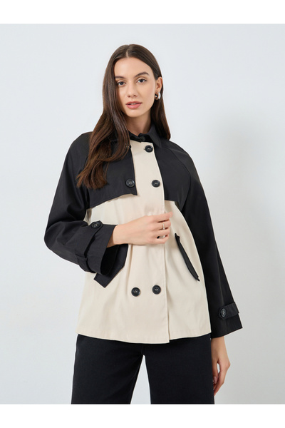 Take Two By Styli Color Block Button Detail Open Front Jacket