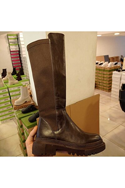 GNY AYAKKABI Women's Thick Sole Dark Brown Color Diver Fabric Boots