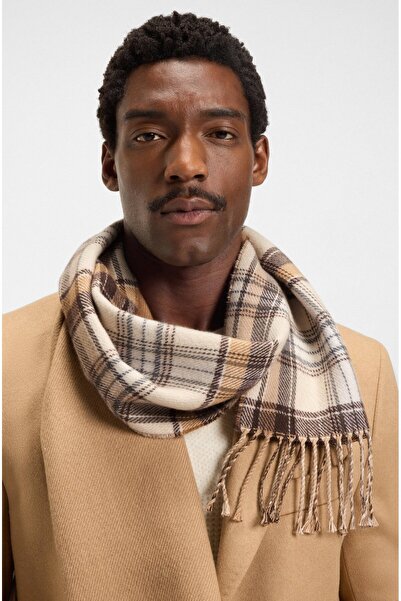 BOSS Men's Patterned Beige Shawl & Scarf & Kerchief Made from a Blend of Pure Wool and Cotton 50551650-260