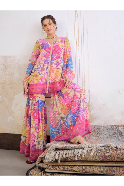 Sassafras By Styli Pink Floral Front Placket Top with Sharara Pants Set