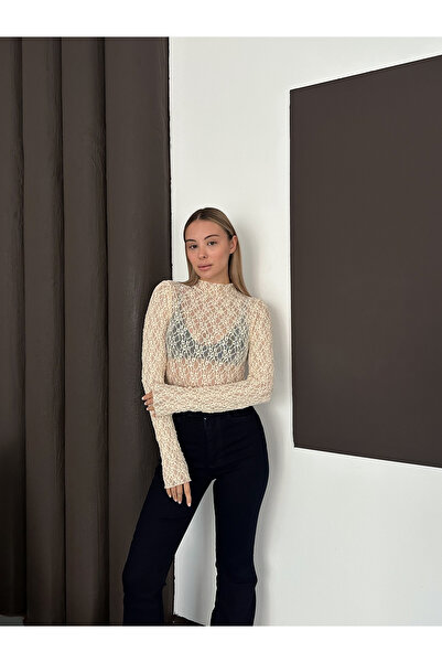 LE CARAMBOLE Women's Cream Stand Collar Transparent Lace Blouse