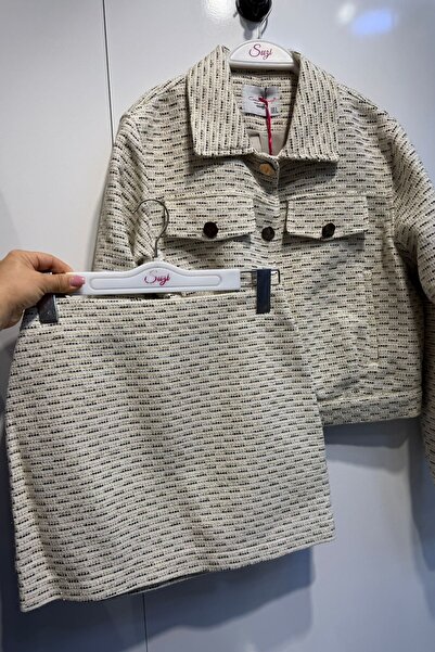 Suziş Sim Detail Tuvit Fabric Bomber Jacket and Skirt Set Cr7035
