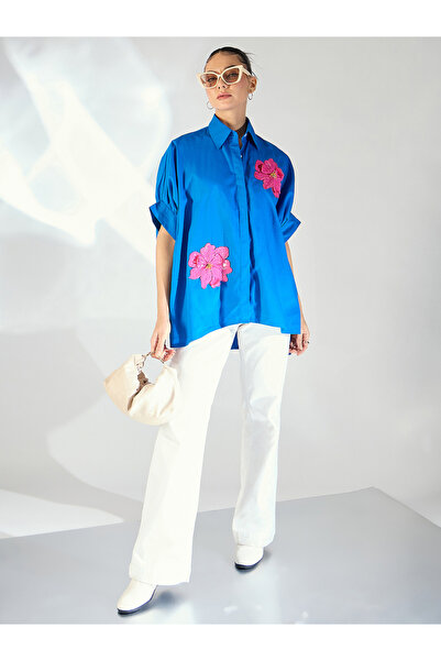 Uptownie By Styli Blue Floral Sequined Oversized Shirt