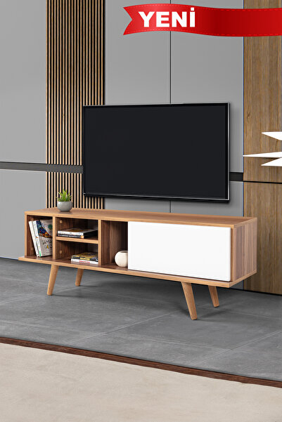 Evmo Home 3333 Ela 130 Cm ( AHŞAP AYAKLI ) TV Ünitesi , Söğüt - Beyaz , Tv Se...