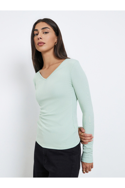Styli Mint Green Ribbed Long Sleeve Top