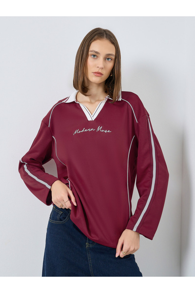 Styli Burgundy Oversized Polo T-Shirt with Stripe Detail