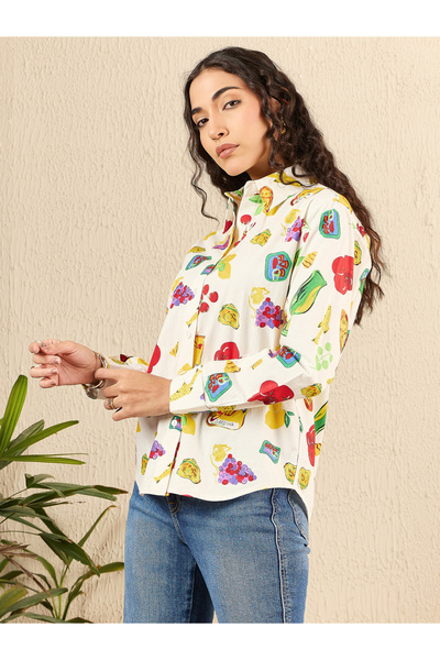 Uptownie By Styli Off White Fruit Print Long Sleeve Shirt