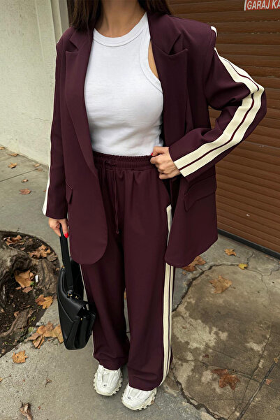 Ortaya Çık Burgundy Striped Detail Sporty Stylish Women's Suit