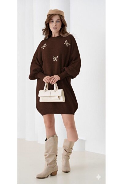 HayalGecesi Women's Knitwear Soft Tunic with Butterfly Pattern