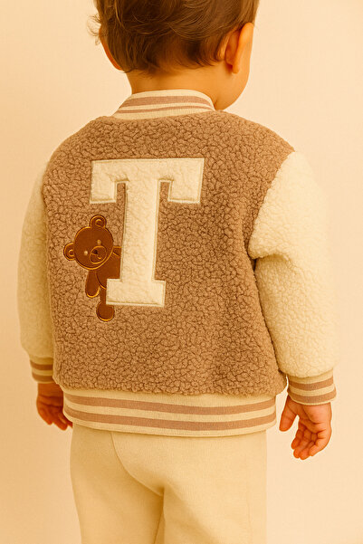 eradkids Baby Boy Plush College Jacket Beige – Trolly Club Embroidered, Soft Fleece Fabric