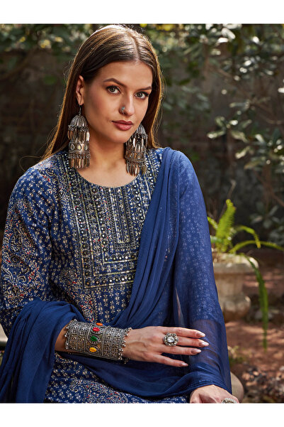 Sassafras By Styli Navy Blue Floral Kurta with Pencil Pants and Dupatta Set