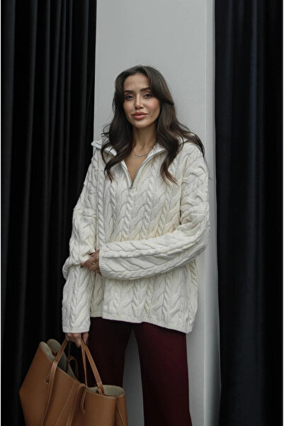 My Blog Cream Zippered Braided Sweater - 251066