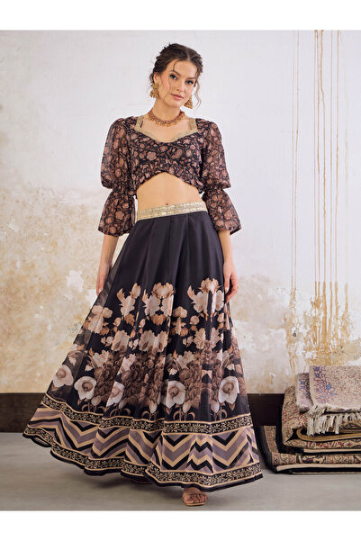 Uptownie By Styli Black Floral Hem Frill Crop Top with Anarkali Skirt Set