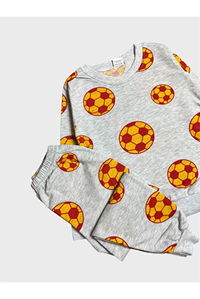 ALİŞ KİDS Boys' Cotton Fleece-Lined Gray Football Ball Patterned Long Sleeve Winter Pajamas Set