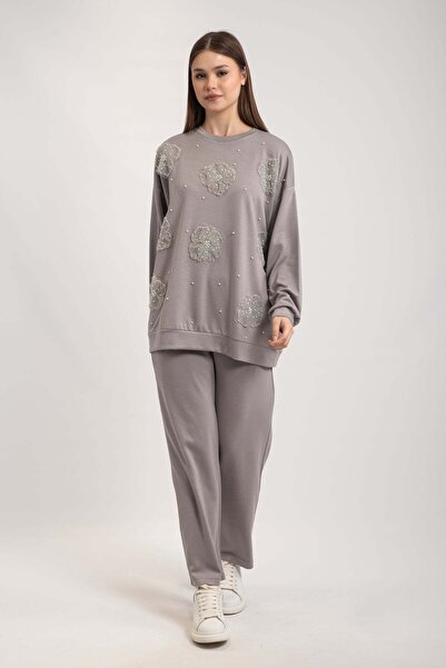 Hatun Atila طقم مكون من قطعتين من قماش المودال بتفاصيل زهور التول واللؤلؤ 791...