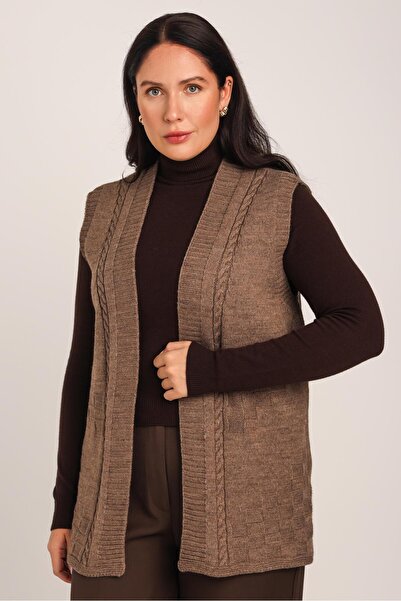 Uludağ Triko Women's Brown Knitwear Knitted Textured Hatun Winter Mother's Vest