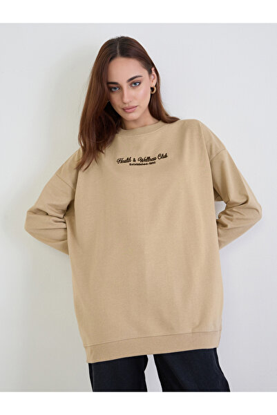 Styli Tan Oversized Embroidered Sweatshirt