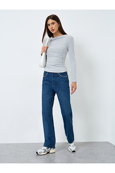 Take Two By Styli Grey Draped Neck Ribbed Top