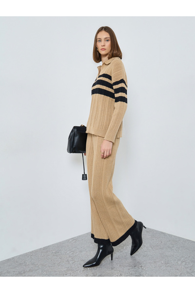 Styli Women Beige Striped Polo Neck Knit Top