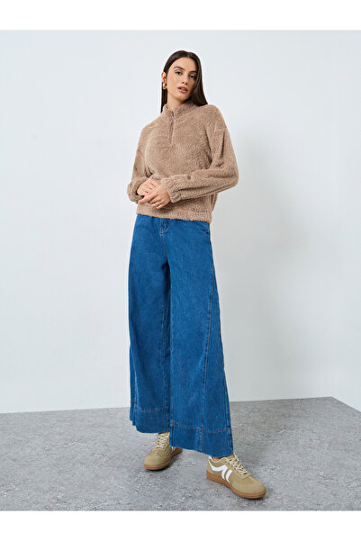 Styli Beige Fleece Quarter Zip Sweatshirt